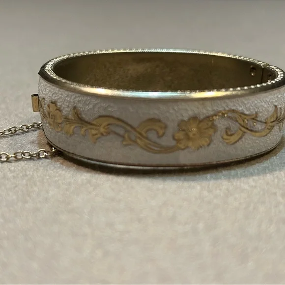 Gold Bangle Bracelet Coated in White with Gold Floral Accents. Clasp Closure - Picture 3 of 6